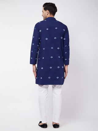 VASTRAMAY Men's Blue And White Cotton Kurta And Pant Style Cotton Pyjama Set