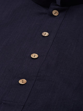 VASTRAMAY Men's Navy Blue Cotton Kurta And Mundu Set