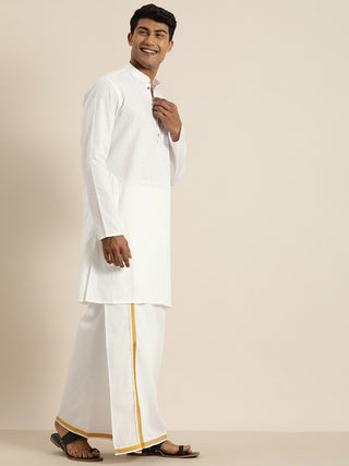 VASTRAMAY Men's White Cotton Kurta And Mundu Set