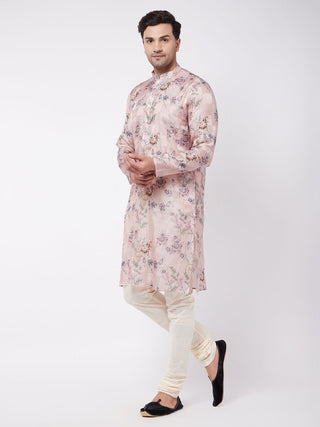 VASTRAMAY Men's Pink Floral Printed Silk Blend Kurta Pyjama Set