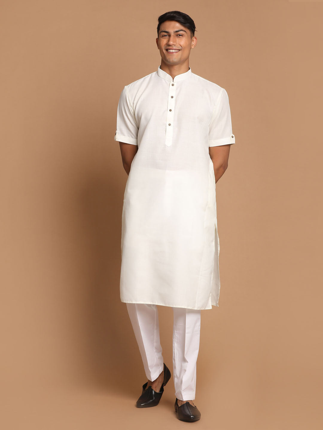 VM By VASTRAMAY Men s Cream Solid Kurta with White Pant style Cotton Pyjama Set