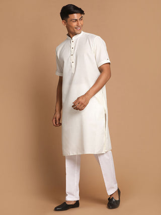 VM By VASTRAMAY Men's Cream Solid Kurta with White Pant style Cotton Pyjama Set