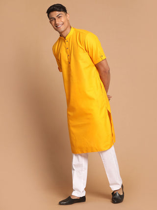 VM By VASTRAMAY Men's Mustard Solid Kurta with White Pant style Cotton Pyjama Set