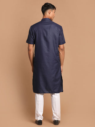 VM By VASTRAMAY Men's Navy Blue Solid Kurta with White Pant style Cotton Pyjama Set