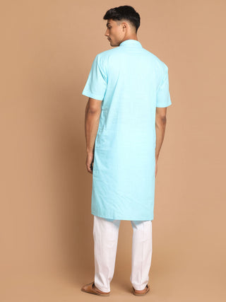 VASTRAMAY Men's Aqua Blue Solid Kurta with White Pant style Cotton Pyjama Set