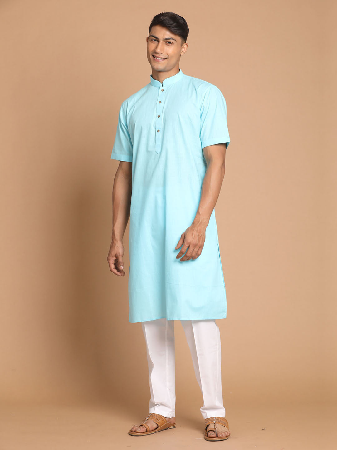 Men's Aqua Blue Solid Kurta With White Pant Style Cotton Pyjama Set