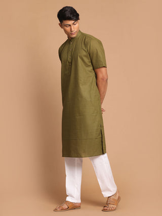 VASTRAMAY Men's Mint Green Solid Kurta with White Pant style Cotton Pyjama Set