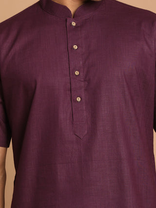 VASTRAMAY Men's Purple Solid Kurta with White Pant style Cotton Pyjama Set