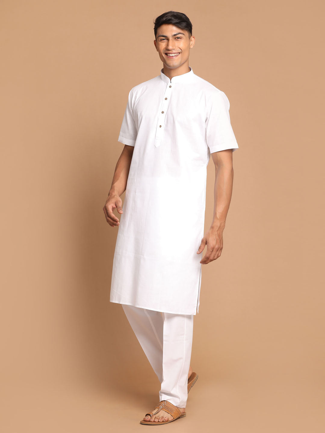 Men's White Solid Kurta Pant Style Cotton Pyjama Set