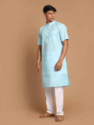 VM BY VASTRAMAY Men's Blue  Solid Kurta with White Pyjama