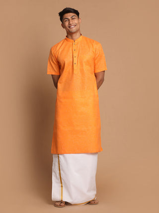 VM By VASTRAMAY Men's Orange Cotton Kurta And Mundu Set