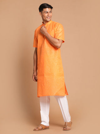 VM BY VASTRAMAY Men's Orange Solid Kurta with White Pyjamas