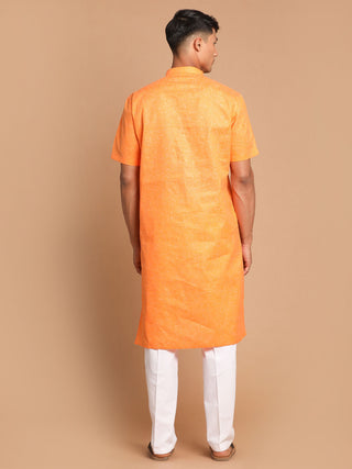 VM By VASTRAMAY Men's Orange Solid Kurta with White Pant style Cotton Pyjama Set