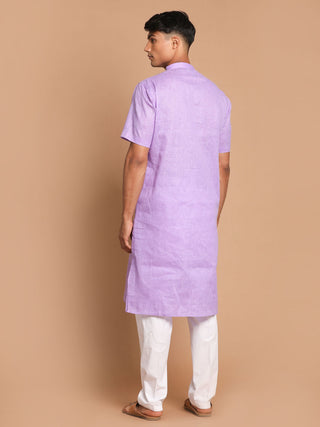 VM By VASTRAMAY Men's Purple Solid Kurta with White Pant style Cotton Pyjama Set