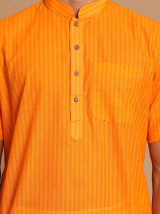 VASTRAMAY Men's Orange Striped Cotton Kurta And Mundu Set