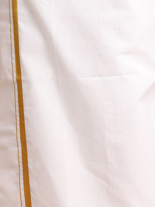 VASTRAMAY Men's Orange Striped Cotton Kurta And Mundu Set