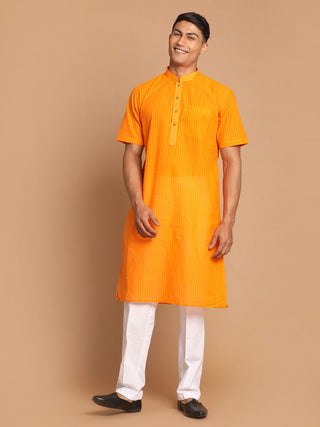 VASTRAMAY Men's Orange Striped Cotton Kurta With Pyjama Set
