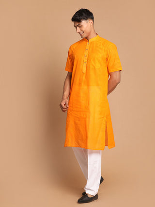 VASTRAMAY Men's Orange Striped Cotton Kurta With Pyjama Set