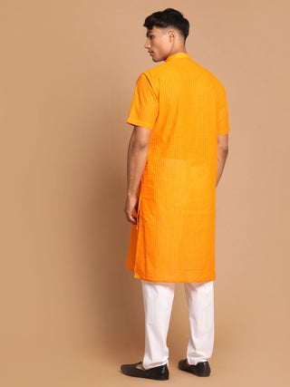 VASTRAMAY Men's Orange Striped Kurta with White Pant style Cotton Pyjama Set