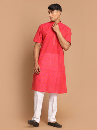 VASTRAMAY Men's Pink Striped Kurta with White Pant style Cotton Pyjama Set