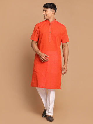 VASTRAMAY Men's Orange Striped Pure Cotton Kurta with Pyjamas