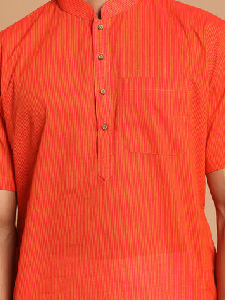 VASTRAMAY Men's Orange Striped Pure Cotton Kurta with Pyjamas