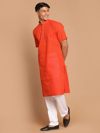VASTRAMAY Men's Orange Striped Kurta With White Pant style Cotton Pyjama Set