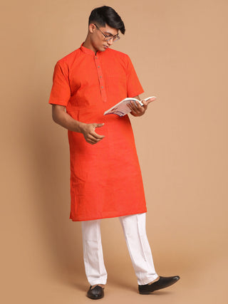 VASTRAMAY Men's Orange Striped Kurta With White Pant style Cotton Pyjama Set