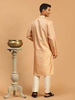 VASTRAMAY Men's Pink Silk Blend Printed Kurta With Cream Viscose Pant Set