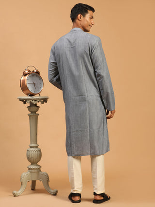 VASTRAMAY Men's Grey Striped Kurta With Cream Viscose Pant Set