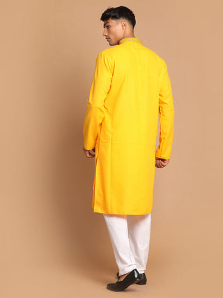 VASTRAMAY Men's Yellow And White Solid Kurta With Pant Set