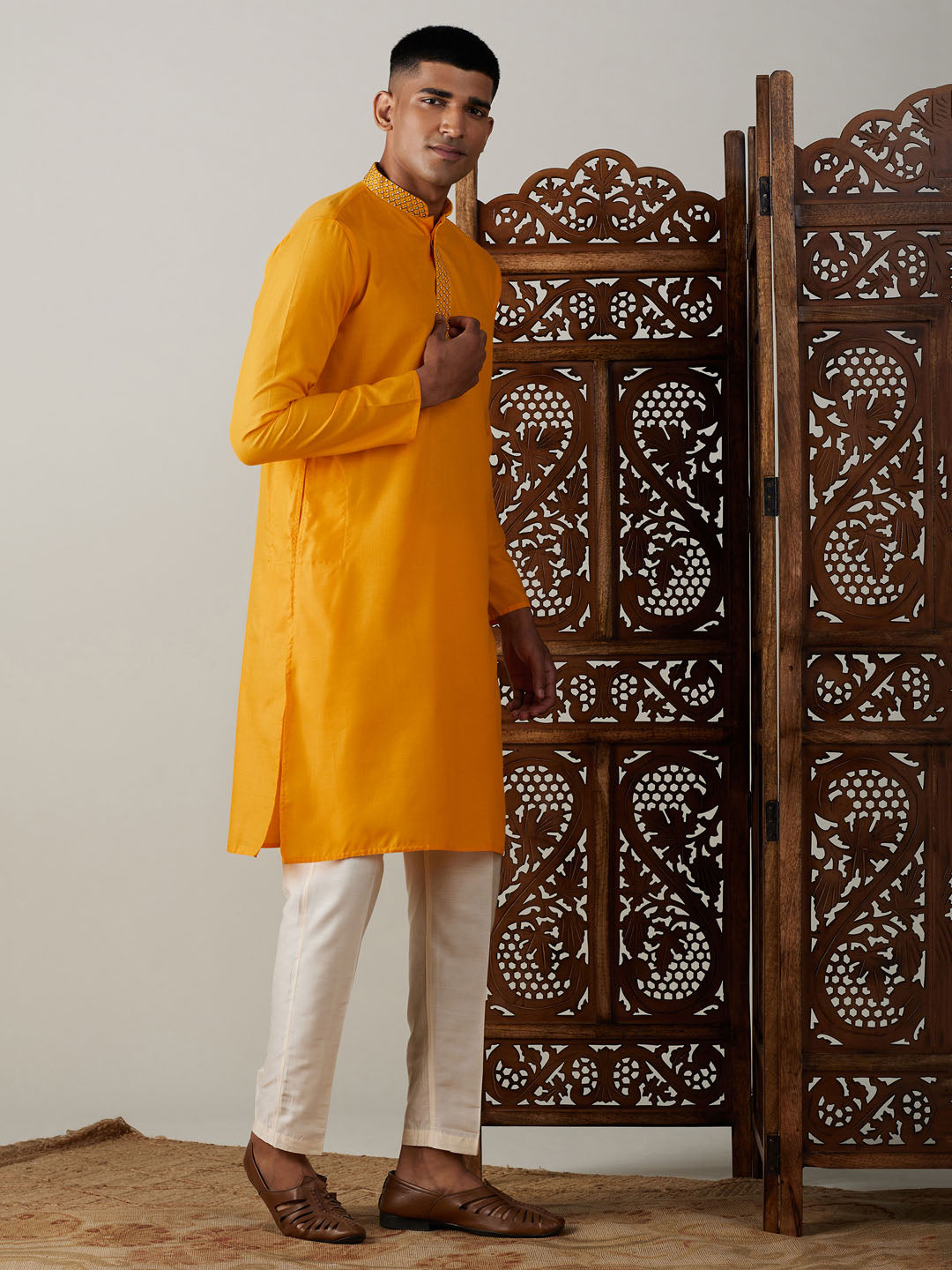Men's Yellow And Cream Solid Kurta With Pant Style Cotton Pyjama Set