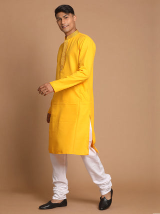 VASTRAMAY Men's Yellow And White Solid Kurta With Churidar Set