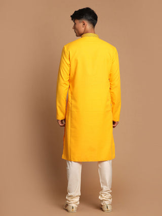 VASTRAMAY Men's Yellow And Cream Solid Kurta With Pyjama Set