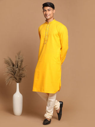 VASTRAMAY Men's Yellow And Cream Cotton Blend Kurta With Pyjama Set