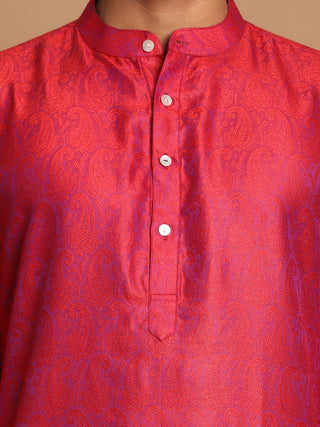 Vastramay Men's Red Paisley Brocade Silk Kurta