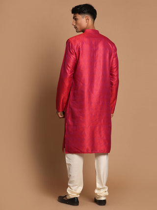 Vastramay Men's Red Paisley Brocade Silk Kurta And Solid Pyjama Set