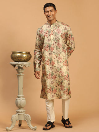 VASTRAMAY Men's Beige Floral Printed Kurta with Cream Solid Pant Style Viscose Pyjama Set