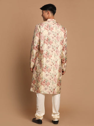 VASTRAMAY Men's Beige Floral Printed Kurta with Cream Solid Pyjama Set