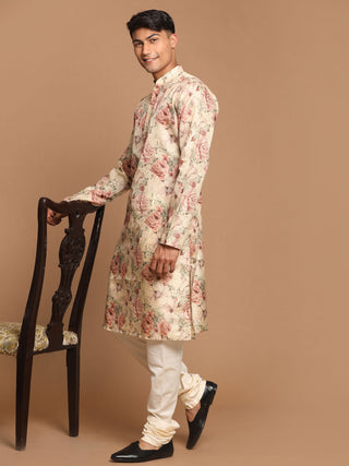 VASTRAMAY Men's Beige Floral Printed Kurta with Cream Solid Pyjama Set