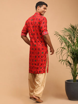 VASTRAMAY Men's Red Printed Rayon Kurta With Patiala Set