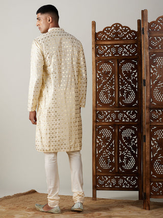 VASTRAMAY Men's Gold Foil Printed Kurta With Cream Pyjama Set
