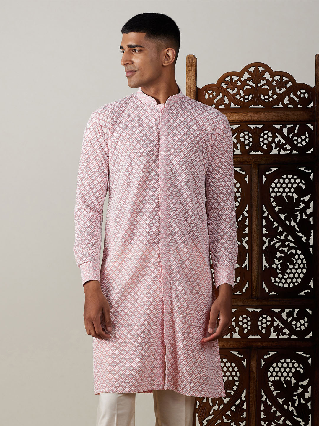 Men's Pink Chikankari Front Open Kurta