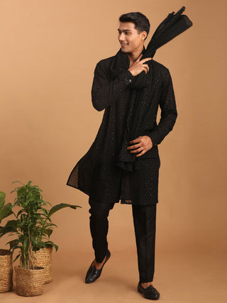 VASTRAMAY Men's Black Sequined Front Open Georgette Kurta With Pant And Dupatta Set