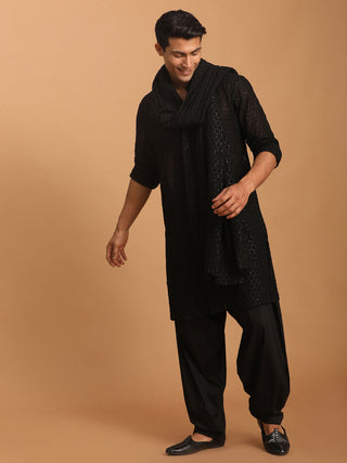 VASTRAMAY Men's Black Sequined Front Open Georgette Kurta With Patiala And Dupatta Set