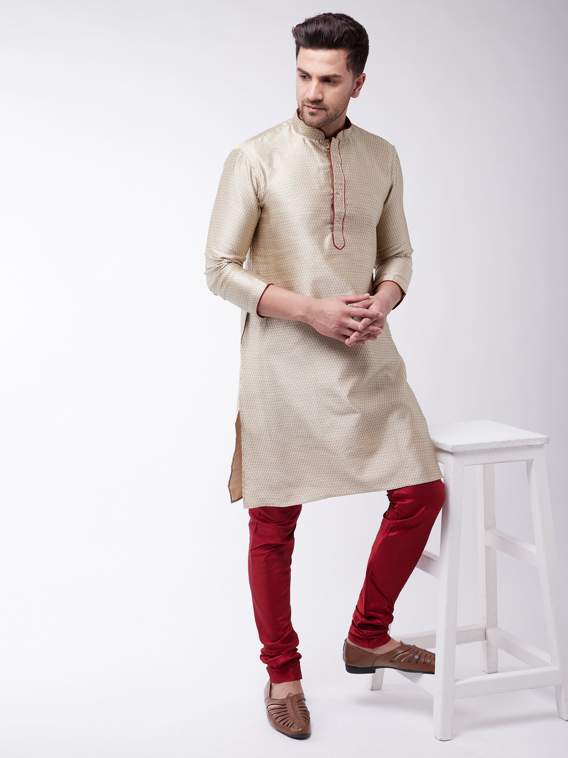 Men's Beige Color Silk Blend Kurta