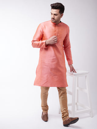 VM By VASTRAMAY Men's Pink And Rose Gold Silk Blend Kurta With Churidar Set