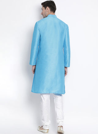 Men's Light Blue Cotton Silk Blend Kurta and Pyjama Set