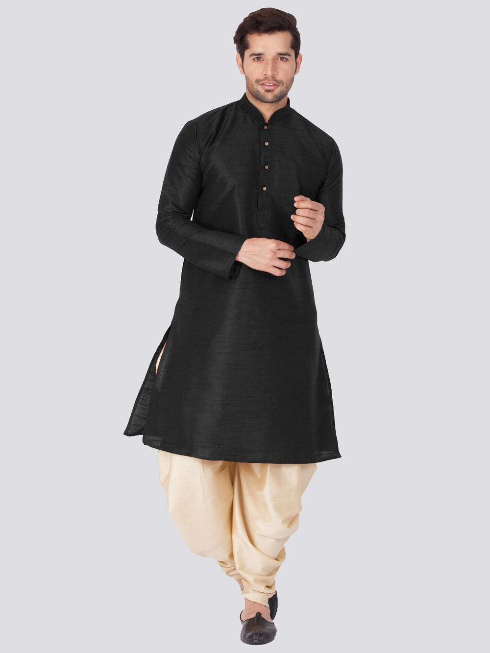 Men's Black Cotton Silk Blend Kurta and Dhoti Pant Set