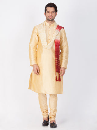 Vastramay Silk Blend Gold Baap Beta Kurta Pyjama And Dupatta Set